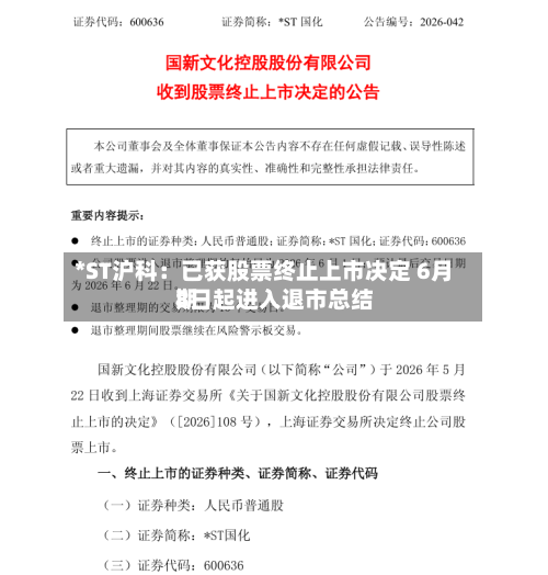 *ST沪科:已获股票终止上市决定 6月8日起进入退市总结
期-第2张图片