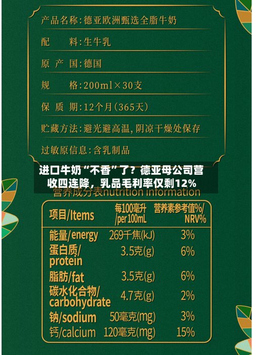 进口牛奶“不香	”了？德亚母公司营收四连降，乳品毛利率仅剩12%-第2张图片
